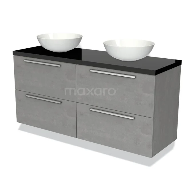 Grijze badkamermeubelset met vier lades, zwart blad en twee witte waskommen, modern design, perfect voor stijlvolle badkamers.