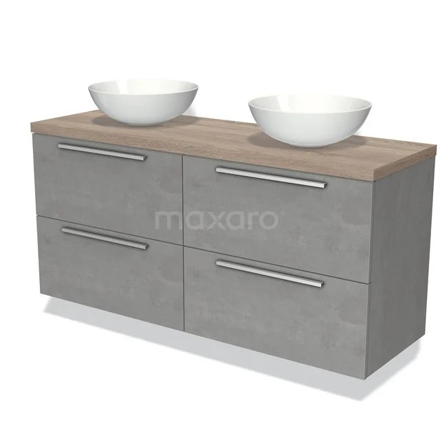 Grey vanity unit with wood-look worktop and double white countertop wash basins, ideal for a modern bathroom design.