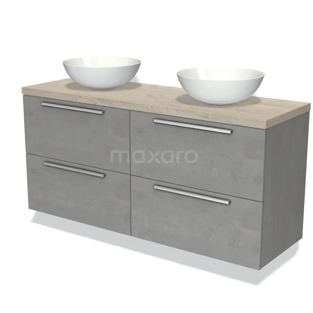 Graue Badmöbelset mit Holzlook Platte, zwei runden Waschbecken und vier Schubladen, ideal für moderne Bäder.