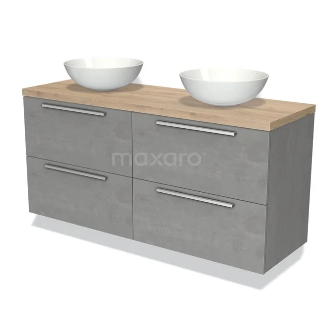 Badkamermeubel met betongrijs kastje, houten blad en twee witte waskommen, modern design met ruime opberglades.