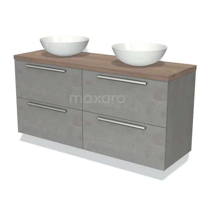 Grijze badkamermeubelset met houtlook blad, dubbele wastafels en vier lades, modern design voor stijlvolle badkameropslag.