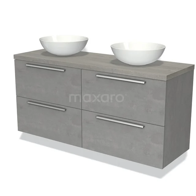 Grijze houten badkamermeubelset met twee witte waskommen, vier lades en metalen handgrepen, modern en stijlvol design.