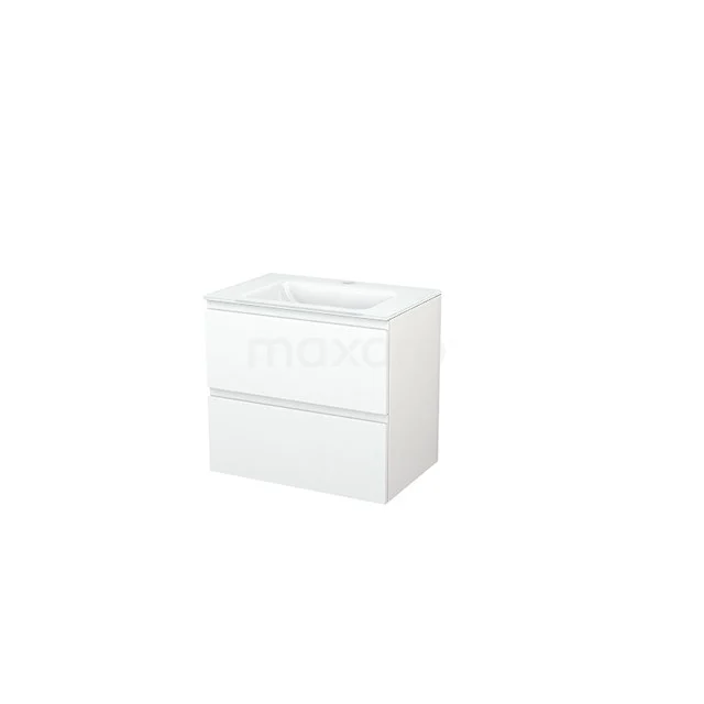 Weißer Badschrank mit zwei Schubladen, modernes Design, glänzende Oberfläche und platzsparende Größe, ideal für kleine Bäder.