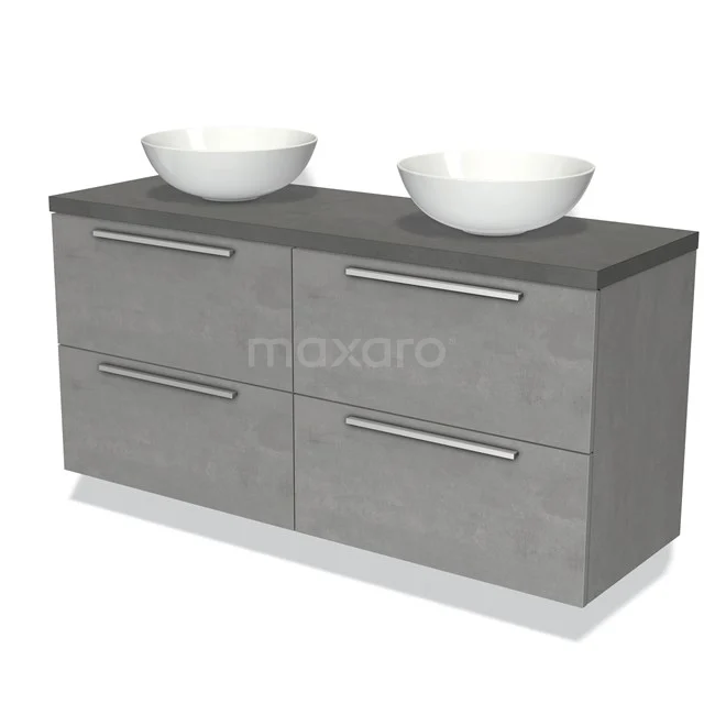 Graue Badmöbelset mit doppelten Aufsatzwaschbecken, anthrazit Platte und metallischen Griffen, schlichtes und modernes Design.