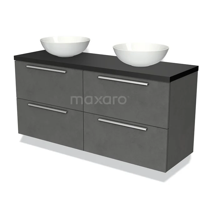 Graue Badmöbelset mit zwei weißen Aufsatzwaschbecken, schwarzer Holzplatte und vier Schubladen, ideal für einen modernen Badezimmerstil.