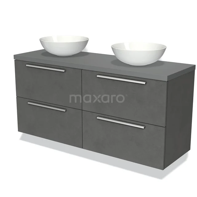 Grijze dubbele wastafelonderkast met vier lades, witte keramische waskommen en metalen grepen, modern badkamerdesign.