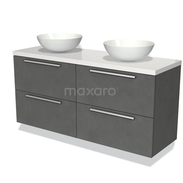 Grijze badkamermeubelset met dubbele wastafel, modern design, vier lades, duurzaam materiaal voor stijlvolle badkamers.
