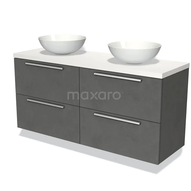 Dubbele grijze badkamermeubelset met keramische witte waskommen en vier lades, modern design voor eigentijdse badkamers.