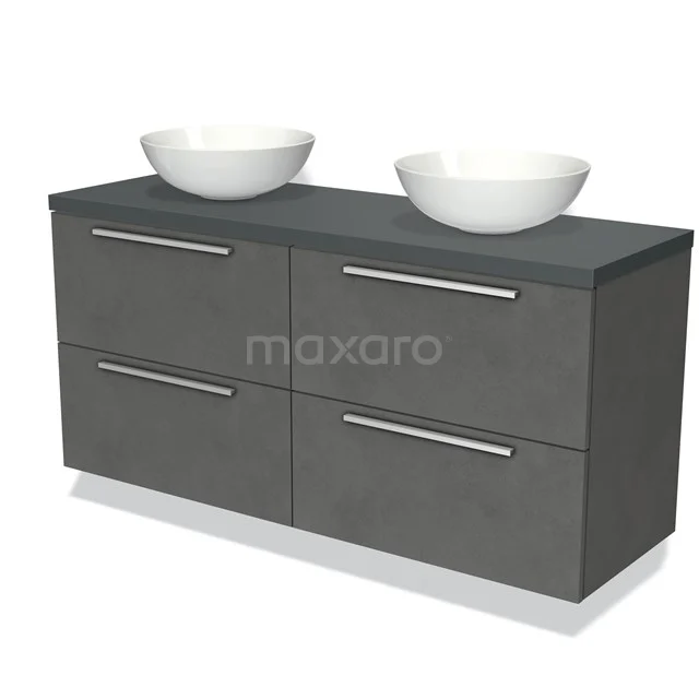 Grijze badkamermeubel met dubbele wastafel, vier lades en een moderne afwerking. Perfect voor een stijlvolle badkamer inrichting.