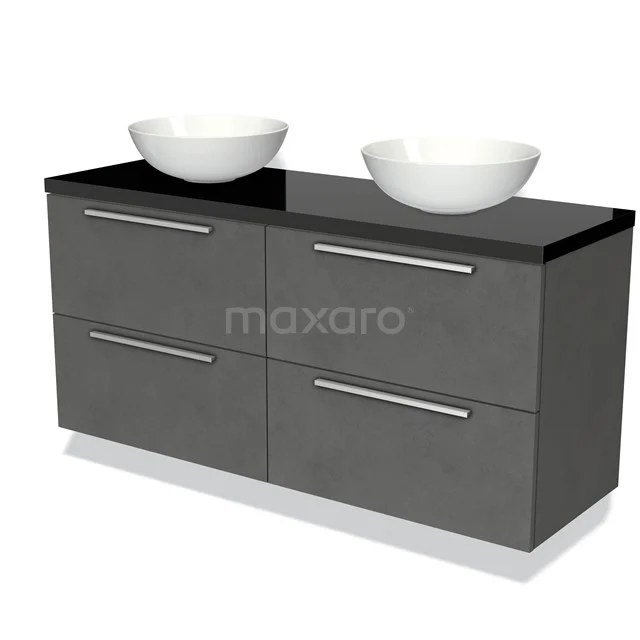 Badmöbel für Aufsatzwaschbecken 140cm Modulo Plato Dunkelgrau Beton 4 Schubladen Flach Hochglanz Schwarz Platte BMK18-00938 Grauer Badschrank mit schwarzer Platte, doppelten Aufsatzwaschbecken und metallischen Haltegriffen, ideal für moderne Badezimmergestaltung.