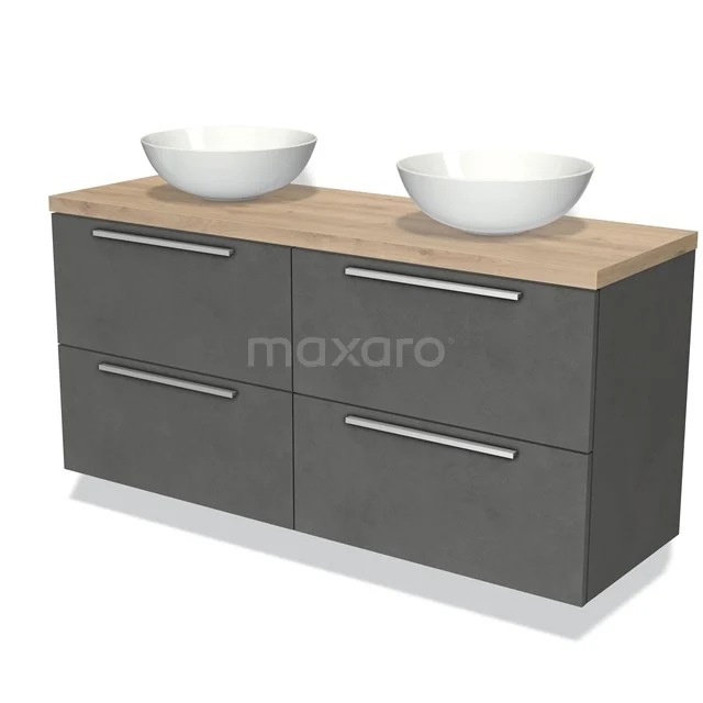 Grijze badmeubelset met houtlook blad, dubbele wastafel en vier lades; modern design voor stijlvolle badkameropslag.