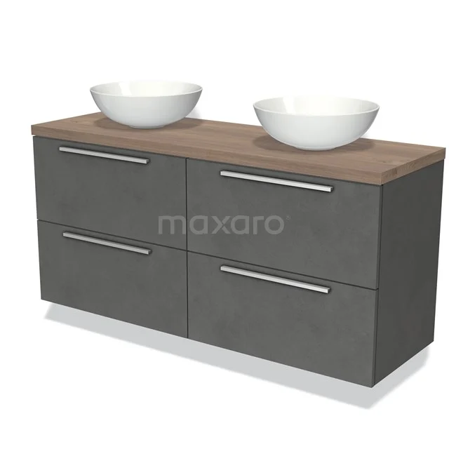 Grijze badkamermeubelset met houten blad, dubbele waskommen en metalen handgrepen, ideaal voor moderne badkamerinrichting.
