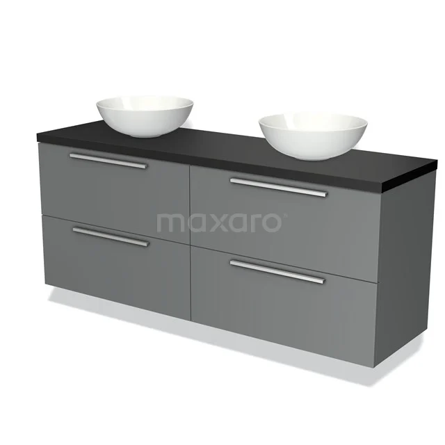 Grey bathroom furniture set with double basin, black worktop, round basins and modern silver handles.