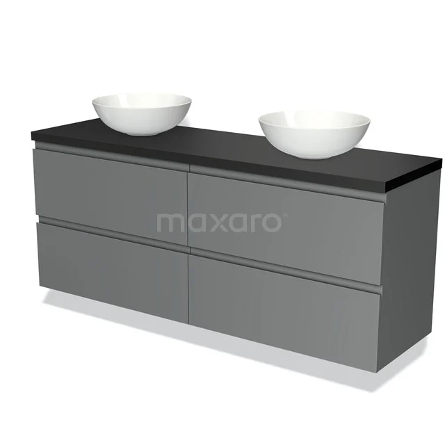 Grijze badmeubelset met zwarte blad, 4 lades en 2 witte kommen; modern design, ideaal voor een stijlvolle badkamer inrichting.