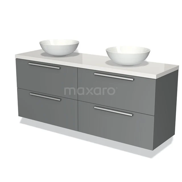 Grijze badkamermeubel met dubbele waskommen, vier lades en wit tafelblad, modern design voor stijlvolle badkamer inrichting.