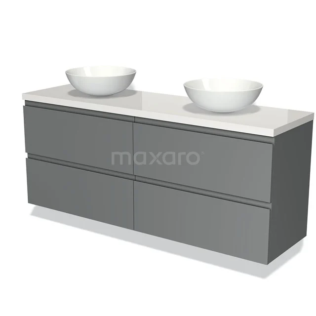 Graue Badmöbelset mit doppeltem Aufsatzwaschbecken, modernes Design und klare Linien, ideal für stilvolle Badezimmergestaltung.