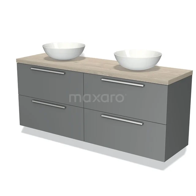 Grijze badkamermeubelset met dubbele wastafel, houten blad en moderne afwerking, ideaal voor een strak badkamerinterieur.