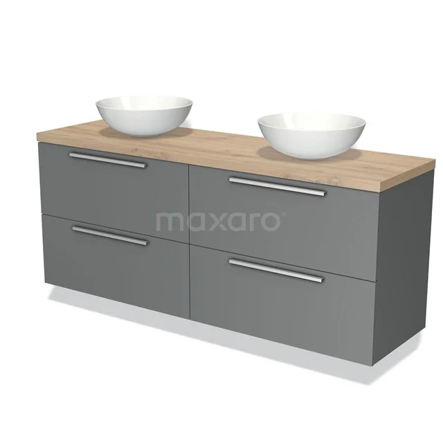 Grijze houten badkamermeubelset met dubbele waskom en bergruimte, modern design, ideaal voor een stijlvolle badkamer.