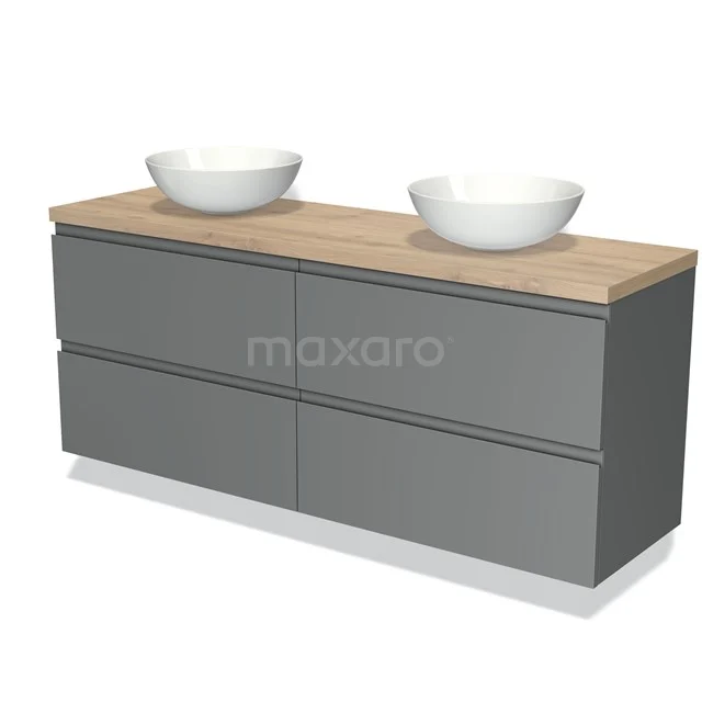 Grijze badkamermeubelset met twee witte waskommen en houten blad, strak design voor moderne badkamers.