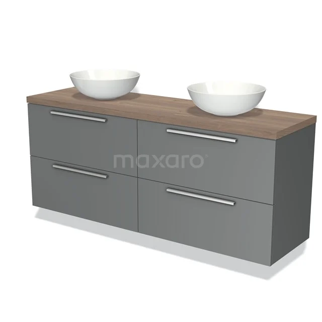 Grijze badkamermeubel met houten blad, vier lades en twee witte waskommen, stijlvol design en functioneel opbergmeubel.