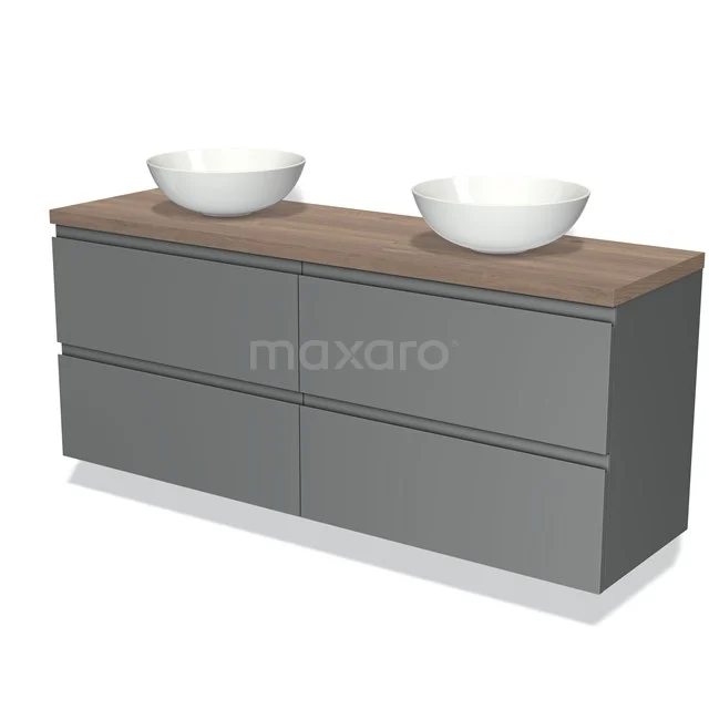 Grijze badkamermeubelset met houtlook blad, dubbele keramische waskommen en vier lades, modern design.