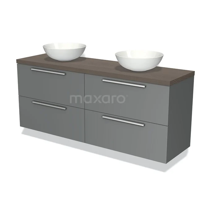 Grijze houten badkamermeubelset met dubbele waskommen en chroomkleurige handgrepen, modern design.