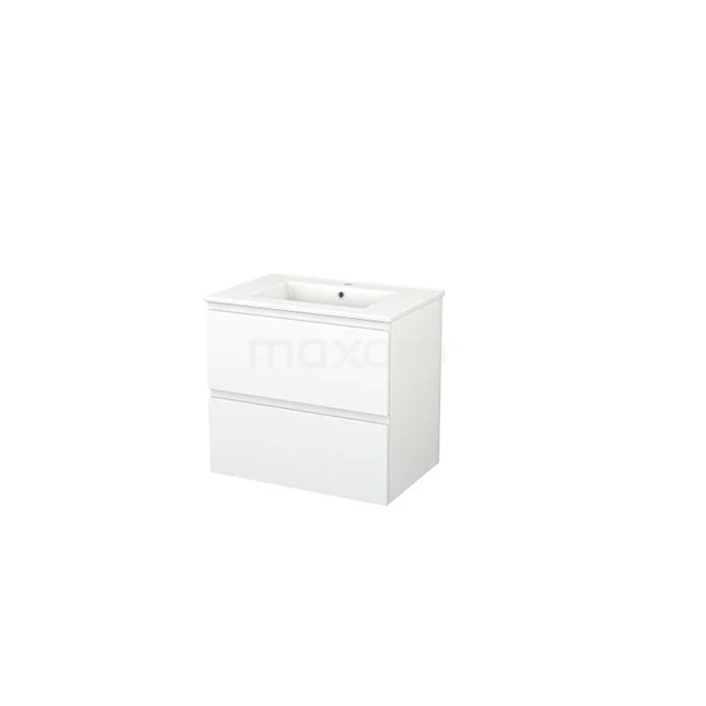 White bathroom unit with glossy finish, 2 drawers and integrated vanity units with basin; compact design ideal for modern bathrooms.