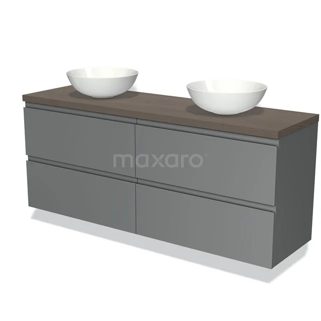 Grijze badkamermeubelset met houtlook blad, dubbele ronde waskommen en vier lades, modern design voor stijlvolle badkamers.