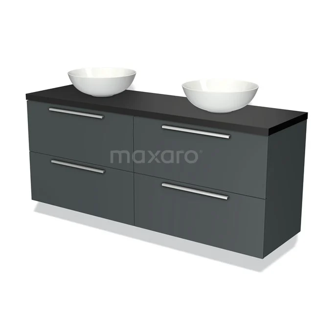 Grey double vanity set with two white countertop wash basins, modern design, four drawers, ideal storage solution for the bathroom.