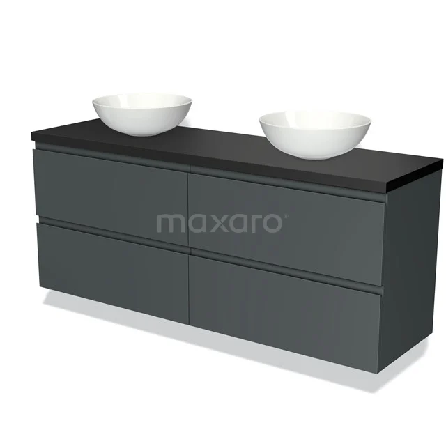 Badmöbel für Aufsatzwaschbecken 160cm Modulo Plato Dunkelgrau 4 Schubladen grifflos Matt Schwarz Platte BMK18-01014 Graue Badmöbelset mit Doppelwaschbecken, matter Oberfläche und minimalistischem Design.