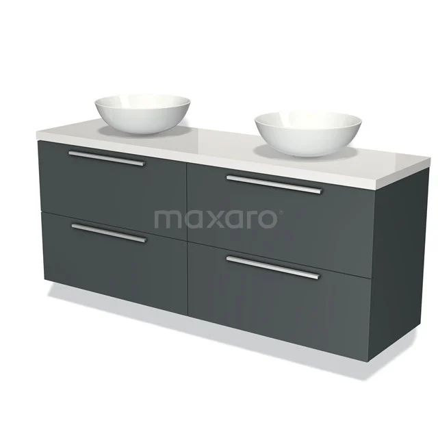 Grey double basin bathroom furniture set with white ceramic basins and modern drawer handles, perfect for stylish bathrooms.
