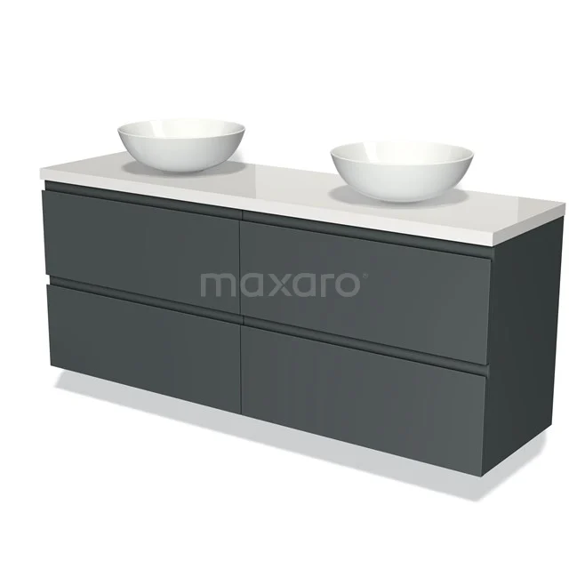 Badmöbel für Waschtischunterschrank mit Konsole 160cm Modulo Plato Dunkelgrau 4 Schubladen Grifflos Hochglanz Weiß Platte BMK18-01017 Dunkelgraues Doppelwaschbeckenmöbel mit weißen Schalen, minimalistisches Design, ideal für einen modernen Badezimmerstil.