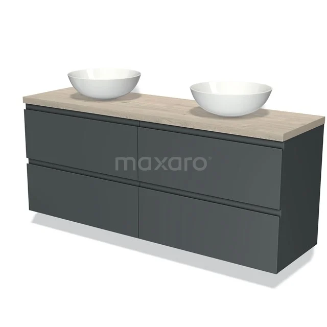 Antraciet grijze badkamermeubelset met dubbel wastafelblad, keramische kommen en houtlook afwerking voor modern badkamerdesign.