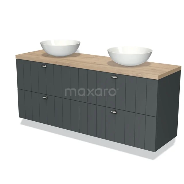 Anthracite bathroom unit with wood-look worktop, double drawers and modern handle-less drawers, ideal for a stylish bathroom.