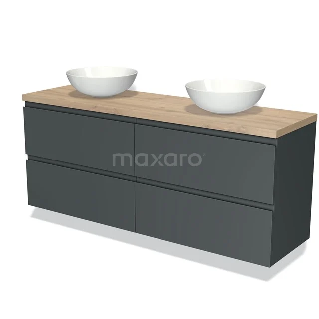 Donkergrijze badkamermeubelset met houtlook blad, dubbele waskommen, modern design en ruime opberglades.