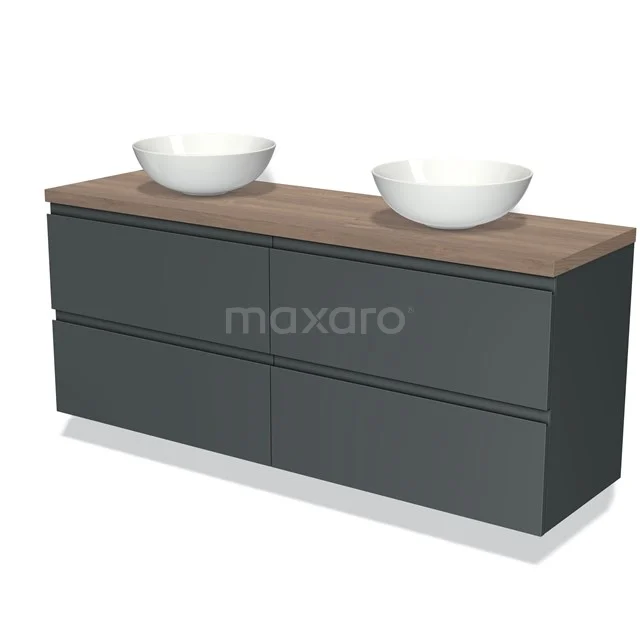 Dunkelgraue Badmöbelset mit Holzlook Platte, zwei runden, weißen Aufsatzwaschbecken und vier Schubladen für Stauraum.