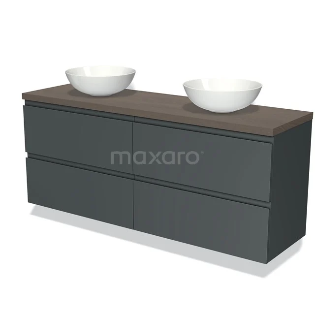 Badmöbel für Aufsatzwaschbecken 160cm Modulo Plato Dunkelgrau 4 Schubladen Grifflos Dunkelbraune Eiche Platte BMK18-01029 Dunkelgraue Badmöbelset mit Holzplatte, doppelten weißen Aufsatzwaschbecken und vier geräumigen Schubladen.