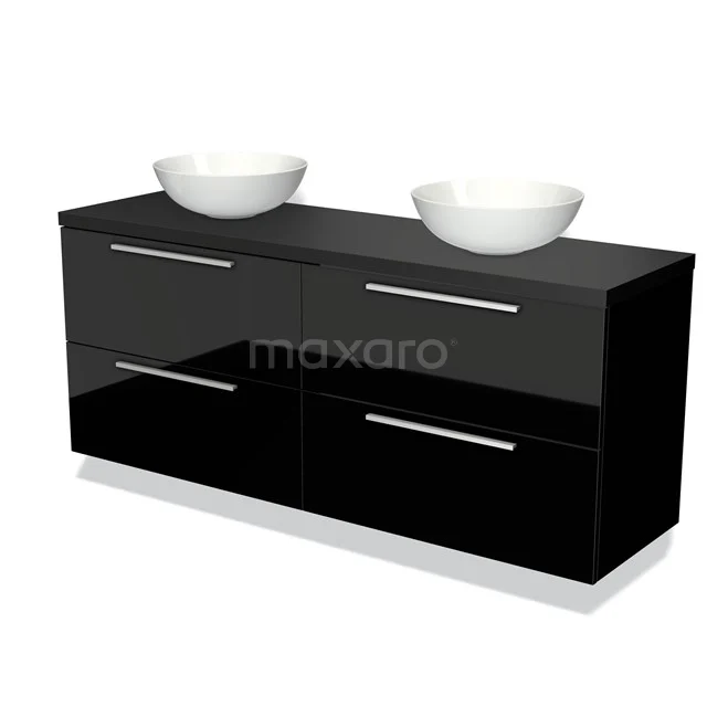 Schwarzes Doppelwaschbeckenmöbel mit Hochglanzoberfläche und chromfarbenen Haltegriffen, ideal für eine moderne Badezimmergestaltung.