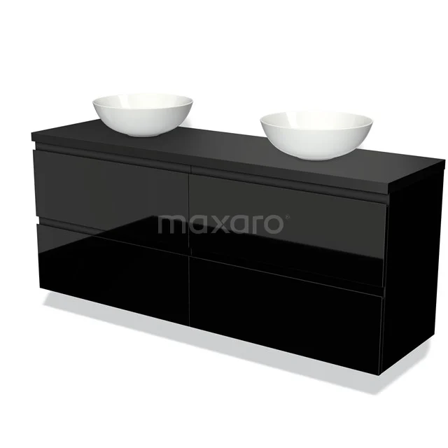 Schwarzes Badmöbel mit Hochglanzoberfläche, zwei Aufsatzwaschbecken und Schubladen für stilvolle und praktische Badezimmerlagerung.