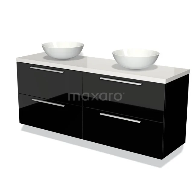 Zwart-witte badkamermeubel met dubbele wastafels, glanzend front en moderne metalen handgrepen, ideaal voor een stijlvolle badkamer.