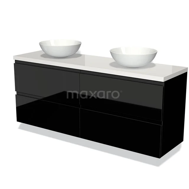 Schwarzglänzendes Badmöbel mit Doppelwaschbecken und weißen Schalen, modernes Design für stilvolle Bäder.