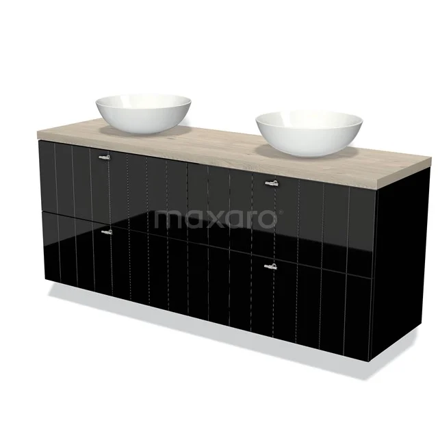 Modulo Plato Vanity units for countertop basin | 160 cm High-gloss black Slat front Light grey oak worktop 4 drawers BMK18-01037 Black bathroom unit with high-gloss finish, double countertop wash basin and wooden worktop, ideal for modern bathroom design.