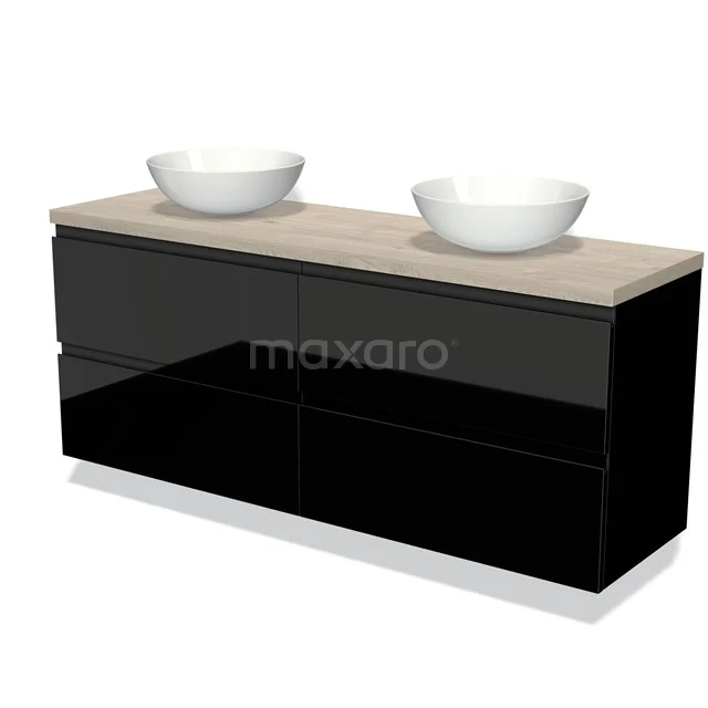 Zwart glanzend badkamermeubel met houtlook blad en dubbele witte waskommen, strak modern design.