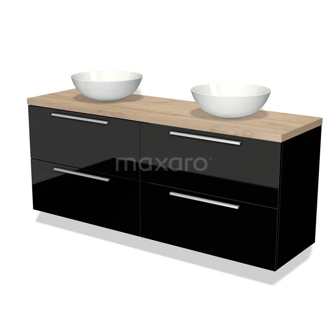 Zwarte badkamermeubel met houtkleurig blad, dubbele witte waskommen en chrome handgrepen, modern design en strak afgewerkt.