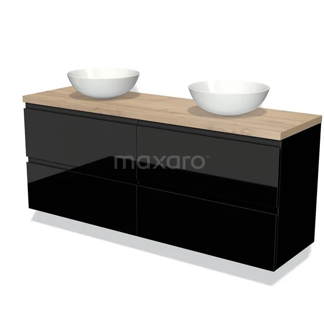 Zwart hoogglans badkamermeubel met houtlook blad en dubbele witte waskommen, modern design voor stijlvolle badkamers.
