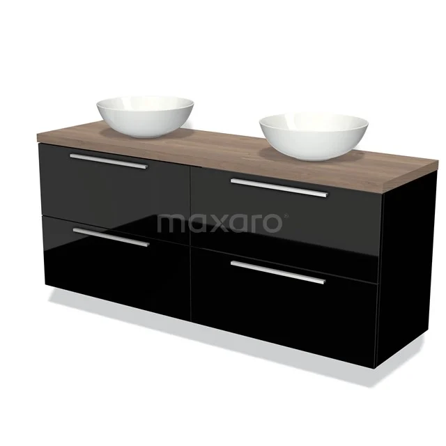 Zwart-wit badkamermeubel met dubbele wastafel, houtlook blad en glanzende lades, ideaal voor moderne badkamers.