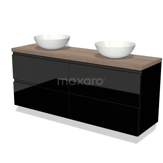 Schwarze Badmöbelset mit Holzlook Platte, doppelten weißen Aufsatzwaschbecken und Softclose Schubladen für stilvolle und praktische Badezimmerlagerung.