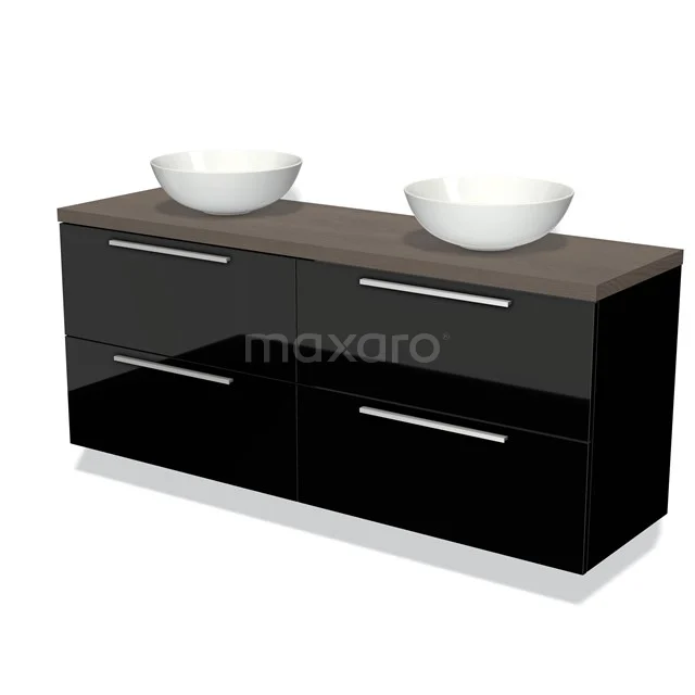 Schwarz glänzendes Badmöbel mit zwei weißen Aufsatzwaschbecken, hölzerner Platte und metallischen Haltegriffen, modernes Design.