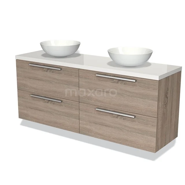 Badmöbel für Waschtischunterschrank mit Konsole 160cm Modulo Plato Eiche 4 Schubladen Flach Hochglanz Weiß Platte BMK18-01050 Holz-Badmöbel mit Doppelwaschbecken, helle Eichefarbe, 4 Schubladen und chromfarbenen Griffen, modernes Design für das Badezimmer.