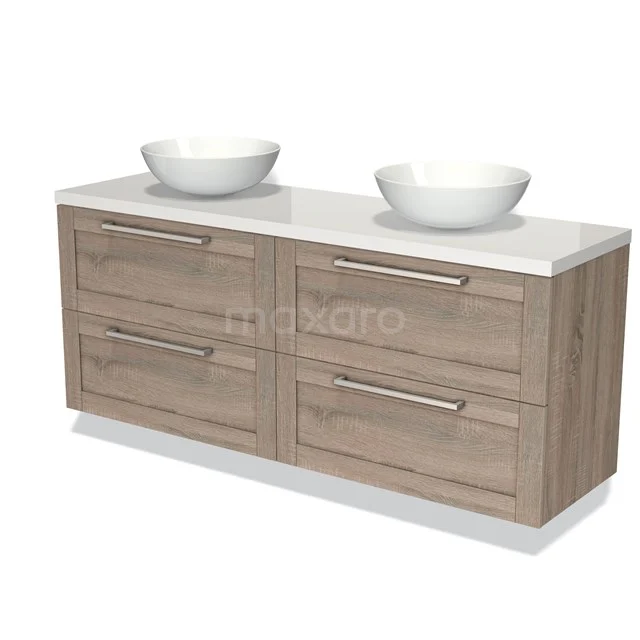 Wooden bathroom unit with double countertop wash basin, white worktop and four drawers, modern oak design.
